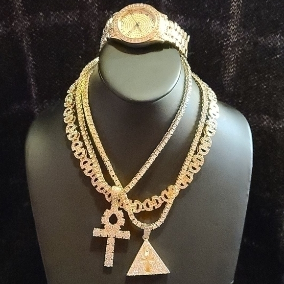 14K GOLD PLATED ICED OUT CHAINS COMBO - Picture 1 of 4